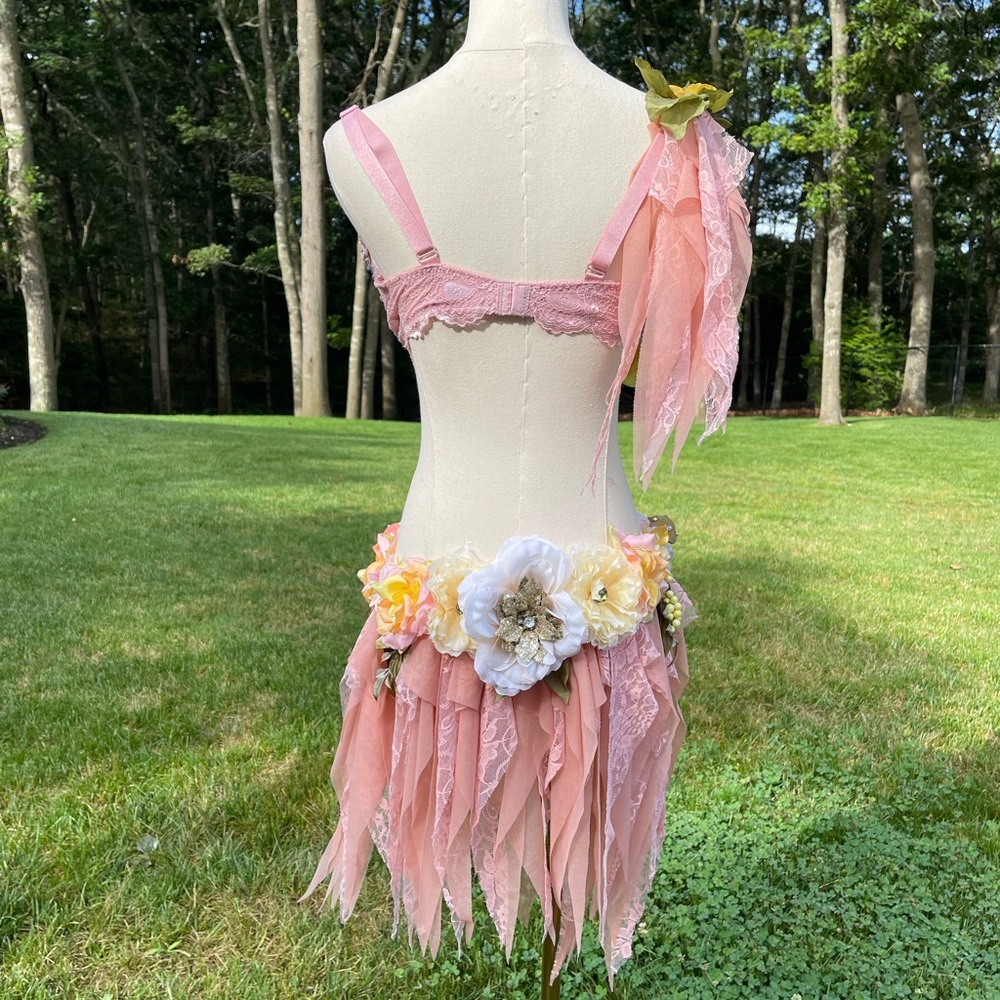 Floral Embellished Pink and Yellow Rose Fairy Monokini Dress Costume - Picture 8 of 8